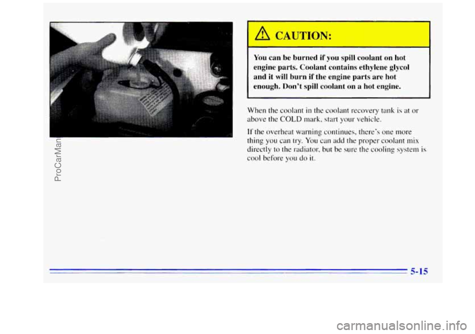 GMC SIERRA 1996  Owners Manual You can be  burned if’ you spill  coolant on hot 
engine  parts.  Coolant  contains  ethylene  glycol 
and  it  will  burn  if  the  engine  parts  are  hot 
enough.  Don’t 
spill coolant on a  ha