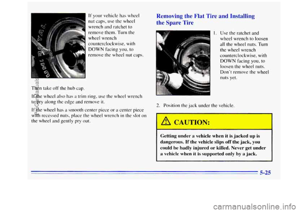 GMC SIERRA 1996  Owners Manual If your vehicle has  wheel 
nut caps, use the wheel 
wrench and ratchet 
to 
remove  them. Turn  the 
wheel wrench 
counterclockwise, 
with 
DOWN fdcing you. to 
remove the  wheel nut caps. 
Then take