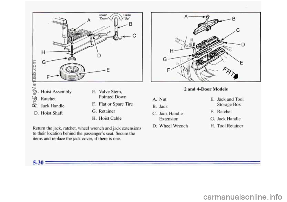 GMC SIERRA 1996  Owners Manual Lower Raise 
~~ 
H U 
A. Hoist Assembly 
B. Ratchet 
C. Jack Handle 
D. Hoist Shaft 
E. Valve  Stern, 
Pointed  Down 
E Flat or  Spare  Tire 
G. Retainer 
H. Hoist Cable 
Return the jack,  ratchet,  w