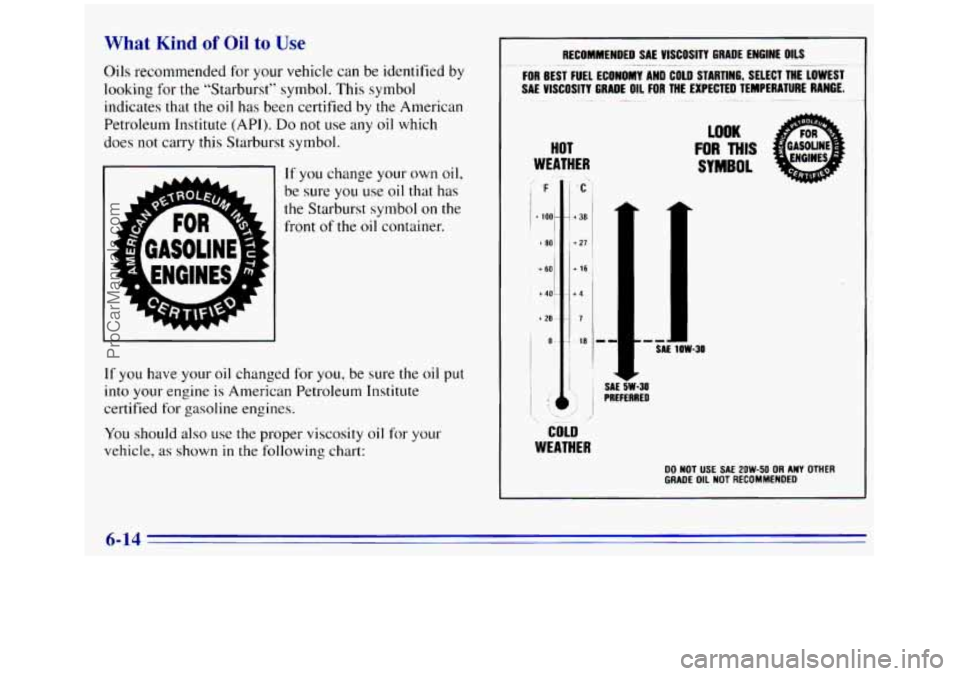 GMC SIERRA 1996  Owners Manual What Kind of Oil to Use 
Oils recommended for your vehicle can be identified  by 
looking for the “Starburst”  symbol.  This symbol 
indicates that the 
oil has  been  certified by the American 
P