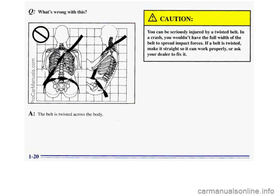 GMC SIERRA 1996  Owners Manual What’s  wrong  with this? 
A: The belt is twisted across the body. 
A CAUTION: 
You can be seriously  injured  by a  twisted  belt.  In 
a  crash,  you  wouldn’t  have  the  full  width 
of the 
b