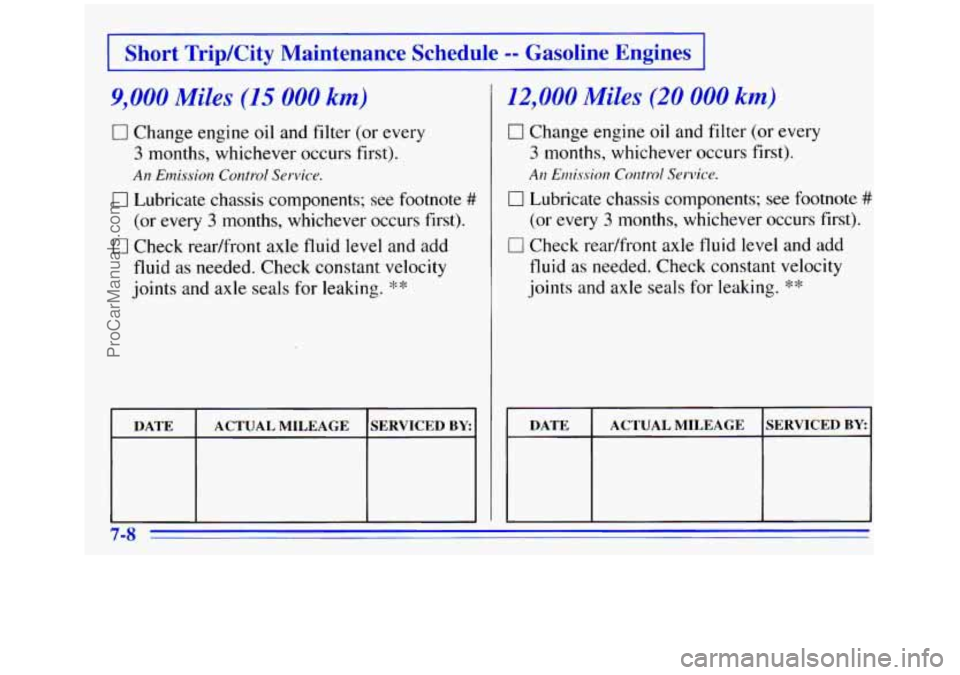 GMC SIERRA 1996  Owners Manual I Short TripKity Maintenance  Schedule -- Gasoline  Engines I 
9,000 Miles (15 000 km) 
0 Change  engine  oil and  filter (or  every 
3 months, whichever  occurs first). 
AII Ermksiorz Control Service