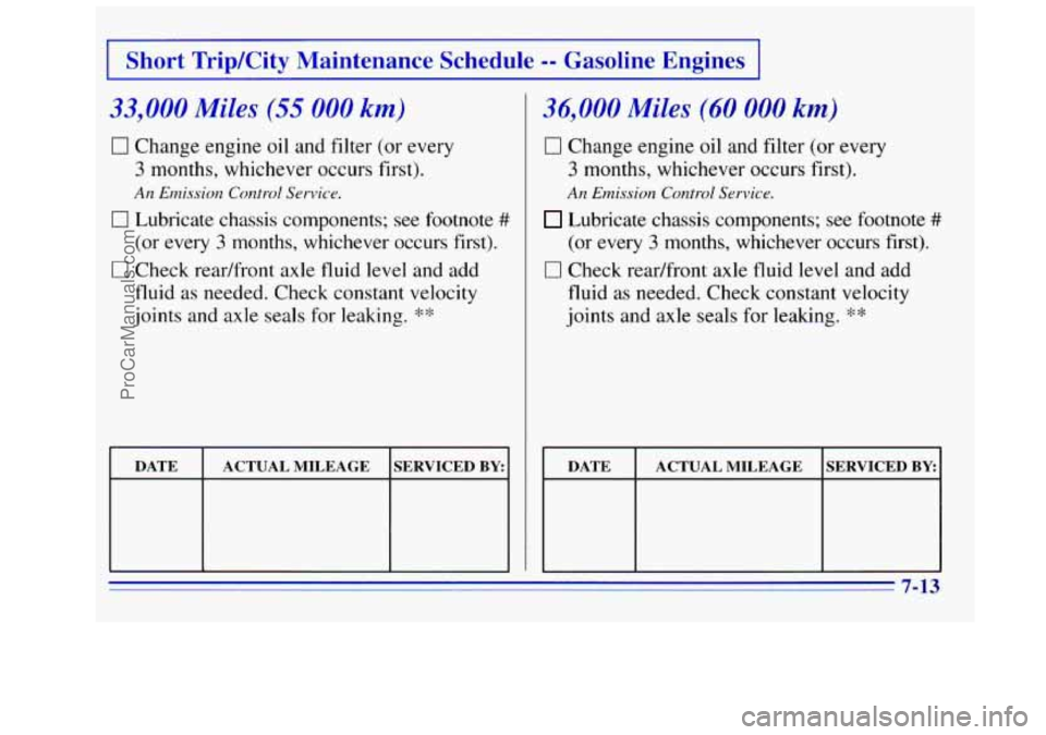 GMC SIERRA 1996  Owners Manual FShort Trip/City Maintenance  Schedule -- Gasoline  Engines I 
33,000 Miles (55 000 km) 
0 Change  engine oil  and filter (or every 
3 months,  whichever  occurs first). 
An Emission Control Service. 