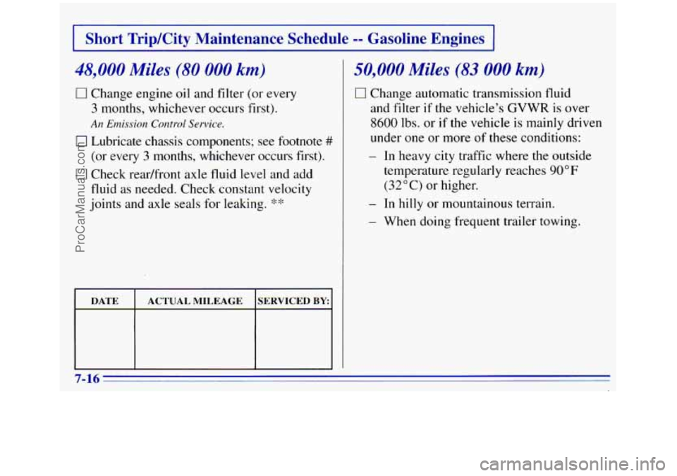 GMC SIERRA 1996  Owners Manual I Short TripKity  Maintenance Schedule -- Gasoline  Engines I 
48,000 Miles (80 000 km) 
0 Change engine oil and  filter  (or every 
3 months,  whichever  occurs first). 
An Emission Control Service. 
