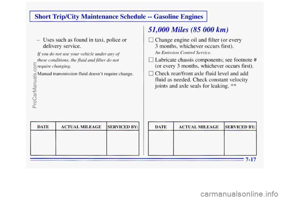 GMC SIERRA 1996  Owners Manual I Short  Trip/City  Maintenance  Schedule -- Gasoline  Engines I 
Manual transmission fluid doesnt  require  change. 
I DATE I ACTUALMILEAGE 
SERVICED BY I 
51,000 Miles (85 000 km) 
0 Change  engine