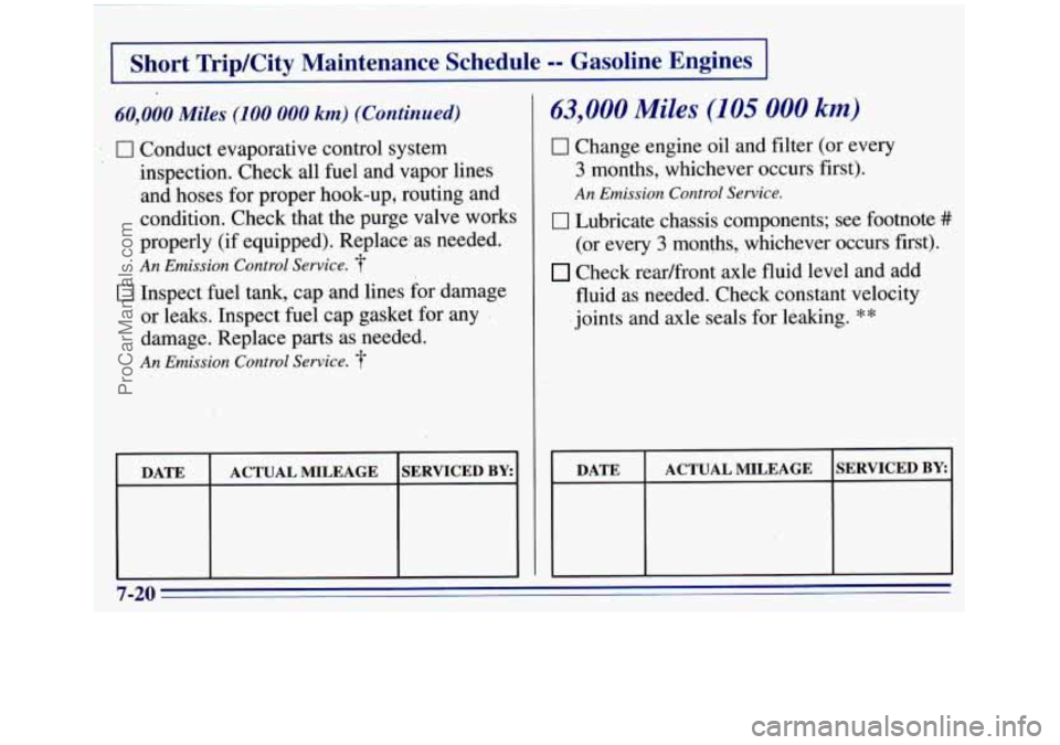 GMC SIERRA 1996  Owners Manual 1 Short  Trip/City  Maintenance  Schedule -- Gasoline  Engines 1 
60,000 Miles (100 000 km) (Continued) 
1 0 Conduct evaporative control system inspection.  Check all fuel  and vapor  lines 
and  hose