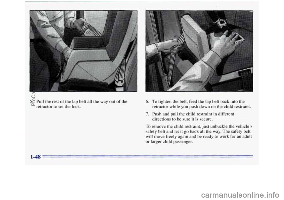 GMC SIERRA 1996  Owners Manual c 
5. Pull the rest of the  lap belt all the  way out of the 
retractor to set the lock. 6. To  tighten the belt, feed the lap  belt back into  the 
7. Push  and pull the child restraint  in different