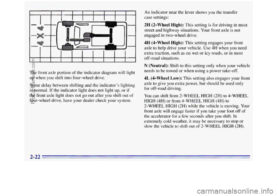 GMC SIERRA 1996 Owners Manual The front axle portion of the indicator diagram will light
up when
you shift into four-wheel drive.
Some delay between shifting and the indicators lighting
is normal. If the indicator light do GMC SIERRA 1996 Owners Manual The front axle portion of the indicator diagram will light
up when
you shift into four-wheel drive.
Some delay between shifting and the indicators lighting
is normal. If the indicator light do