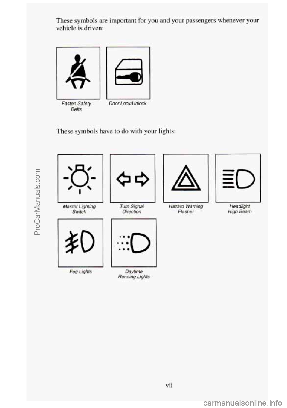 GMC SIERRA 1995  Owners Manual These  symbols  are  important for you and your passengers  whenever your 
vehicle is driven: 
~~  ~ 
Fasten  Safety Door Lock/Unlock 
Belts 
These symbols have  to do with your lights: 
Master  Light