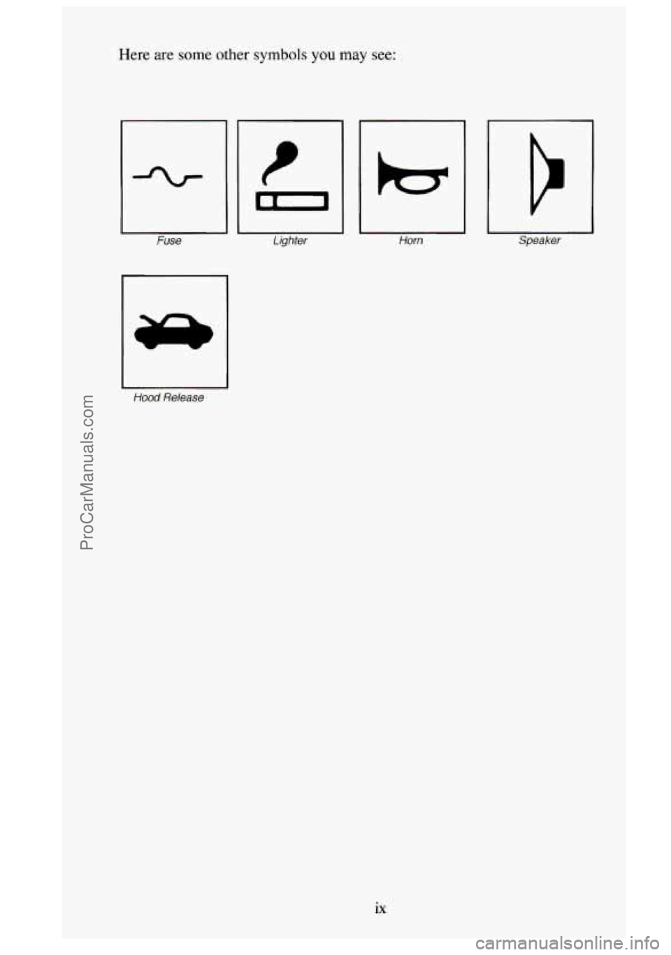 GMC SIERRA 1995  Owners Manual Here  are some other symbols you may  see: 
El fuse 
1 
le Lighter I I I Horn Speaker 
Hood Release 
ix 
ProCarManuals.com 