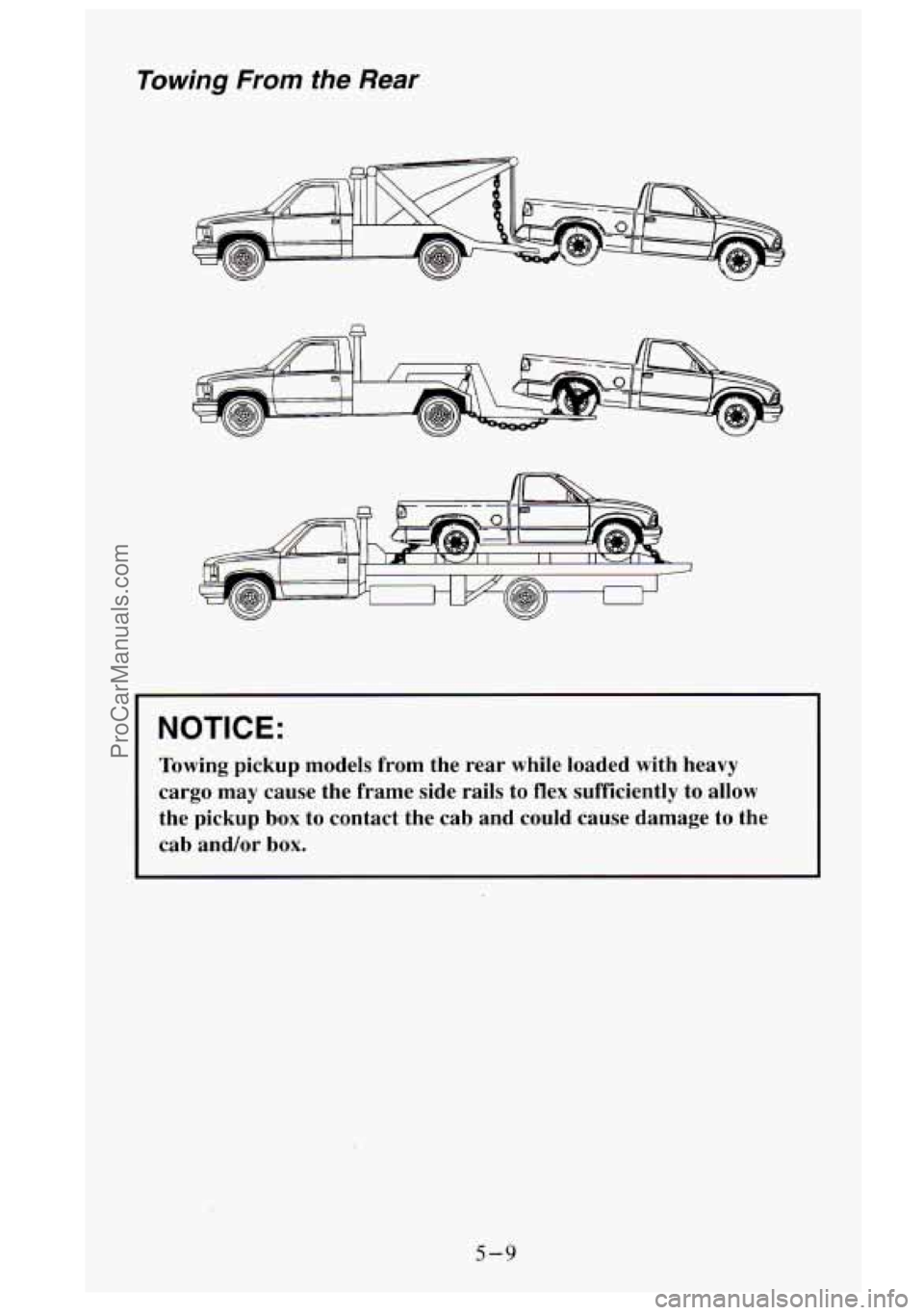 GMC SIERRA 1995  Owners Manual lowing From the Rear 
NOTICE: 
Towing  pickup  models from the  rear  while  loaded  with  heavy 
cargo  may  cause  the  frame  side  rails  to  flex  sufficiently 
to allow 
the  pickup  box  to  co