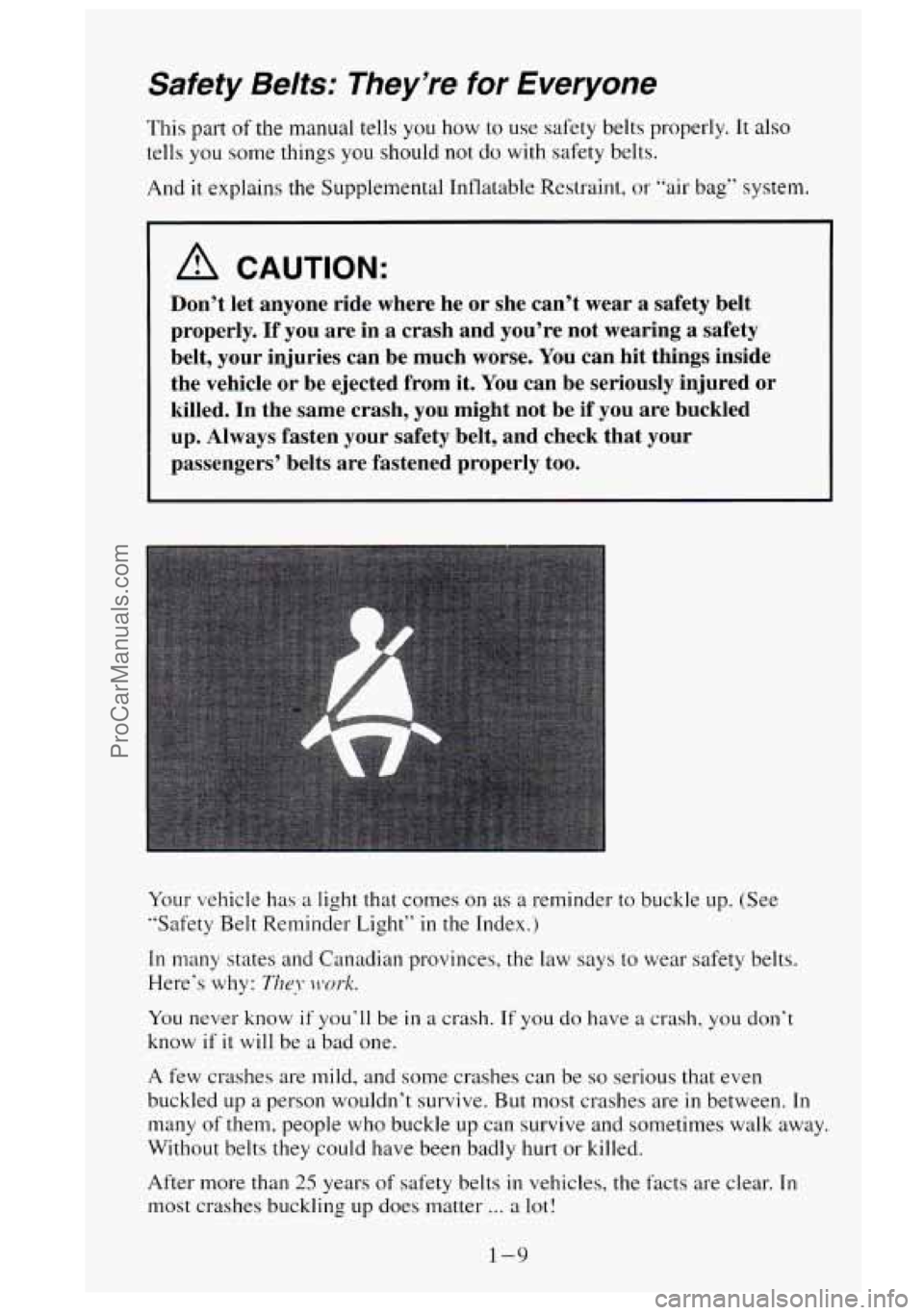 GMC SIERRA 1995  Owners Manual Safety Belts: They’re for Everyone 
This part of the manual tells you how to use safety belts properly. It also 
tells you some  things you should  not do with safety  belts. 
And  it explains  the 