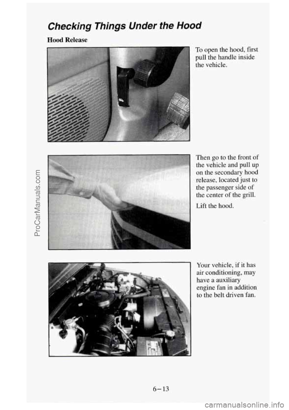 GMC SIERRA 1995  Owners Manual Checking Things  Under  the Hood 
Hood  Release 
To open  the  hood,  first 
pull  the  handle  inside 
the  vehicle. 
Then  go  to  the  front  of 
the  vehicle  and  pull up 
on  the  secondary  hoo
