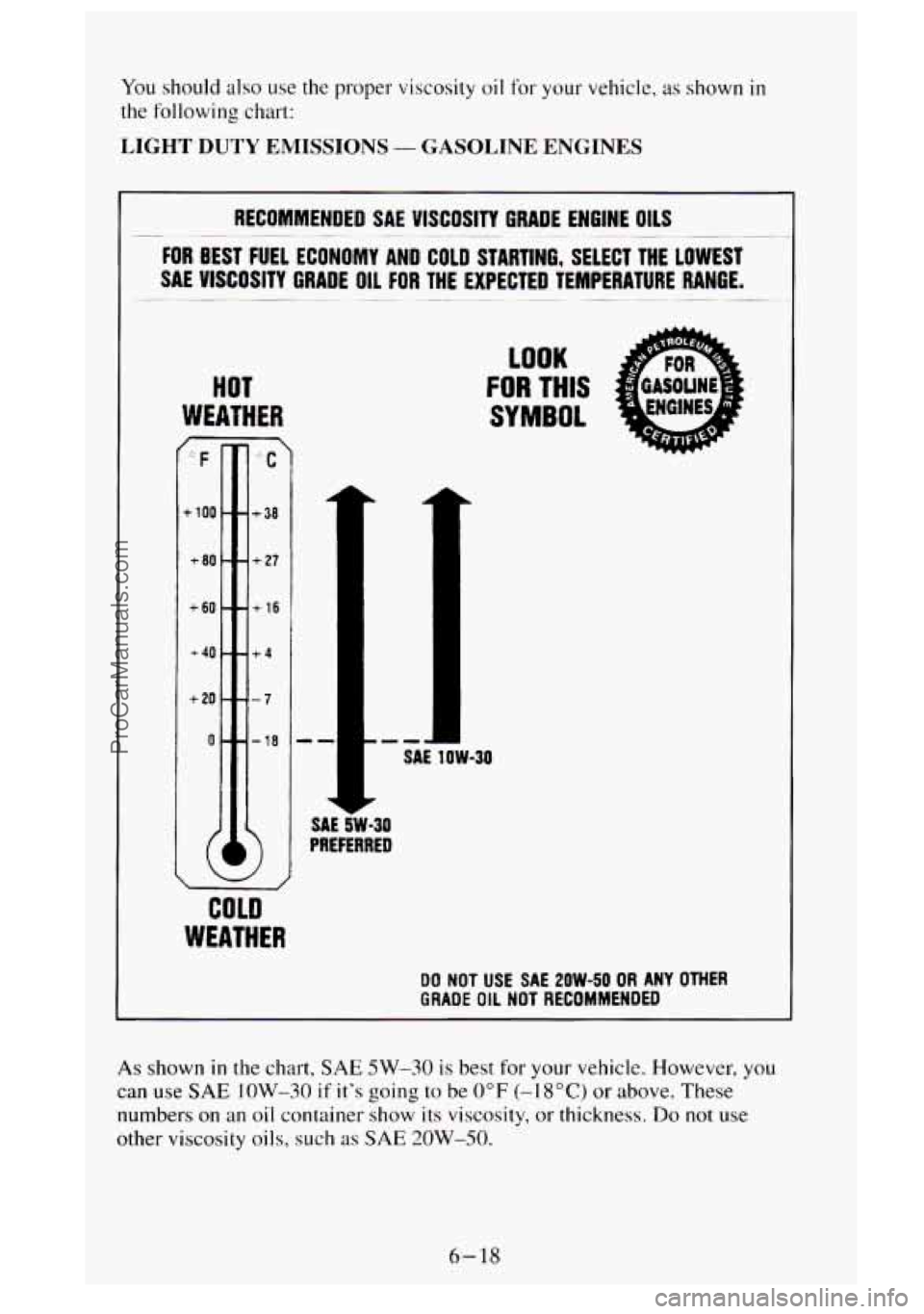 GMC SIERRA 1995  Owners Manual You should also use the proper viscosity oil for your vehicle, as shown in 
the following  chart: 
LIGHT DUTY EMISSIONS - GASOLINE  ENGINES 
FOR BEST  FUEL  ECONOMY  AND  COLD STARTING,  SELECT  THE  