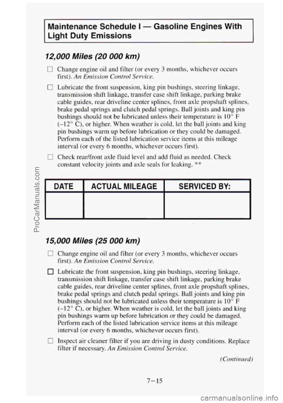 GMC SIERRA 1995  Owners Manual Maintenance  Schedule I - Gasoline  Engines  With 
Light  Duty  Emissions 
12,000 Miles (20 000 km) 
0 Change  engine  oil and filter (or every 3 months, whichever  occurs 
first). 
An  Emission  Cont