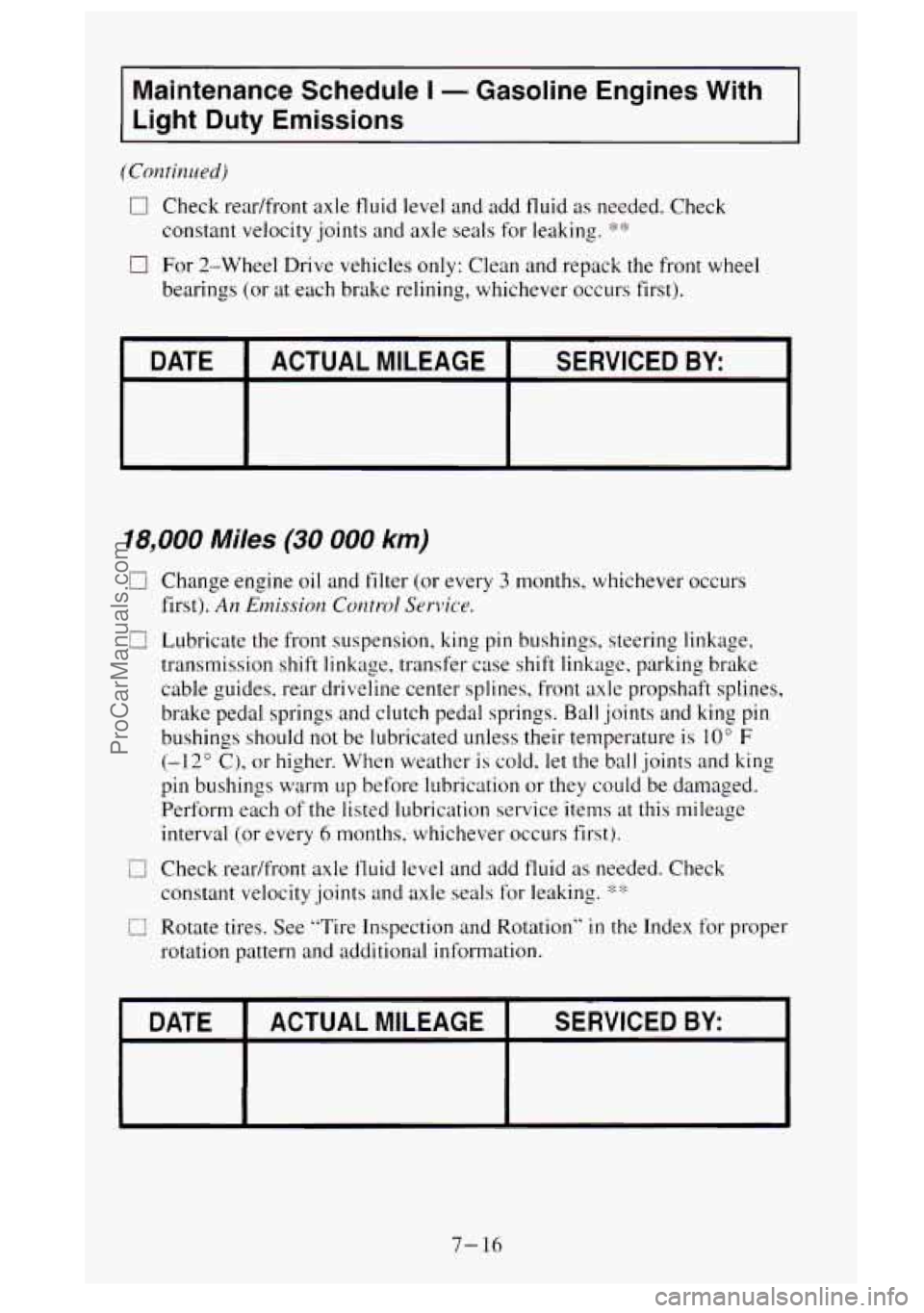 GMC SIERRA 1995  Owners Manual Maintenance  Schedule I - Gasoline  Engines  With 
Light  Duty  Emissions 
(Continued) 
0 Check  rear/front axle fluid level and add fluid as needed. Check 
constant  velocity joints and axle  seals  