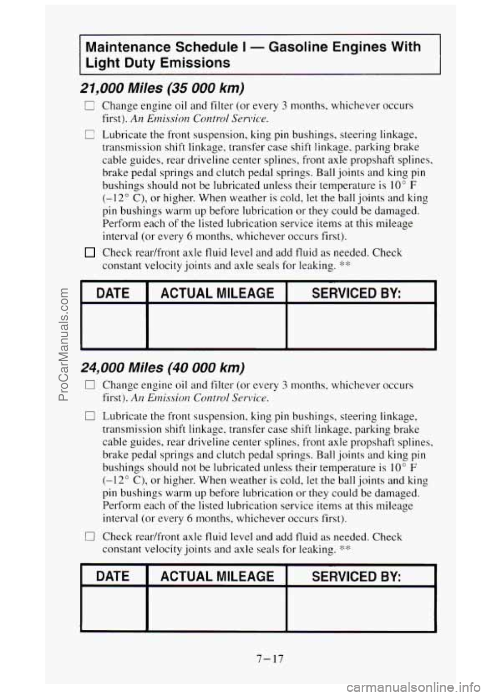 GMC SIERRA 1995  Owners Manual Maintenance  Schedule 1 - Gasoline  Engines  With 
Light  Duty  Emissions 
21,000 Miles (35 000 km) 
0 
0 
Change  engine  oil and  filter  (or  every 3 months, whichever  occurs 
first). 
An Emissiot