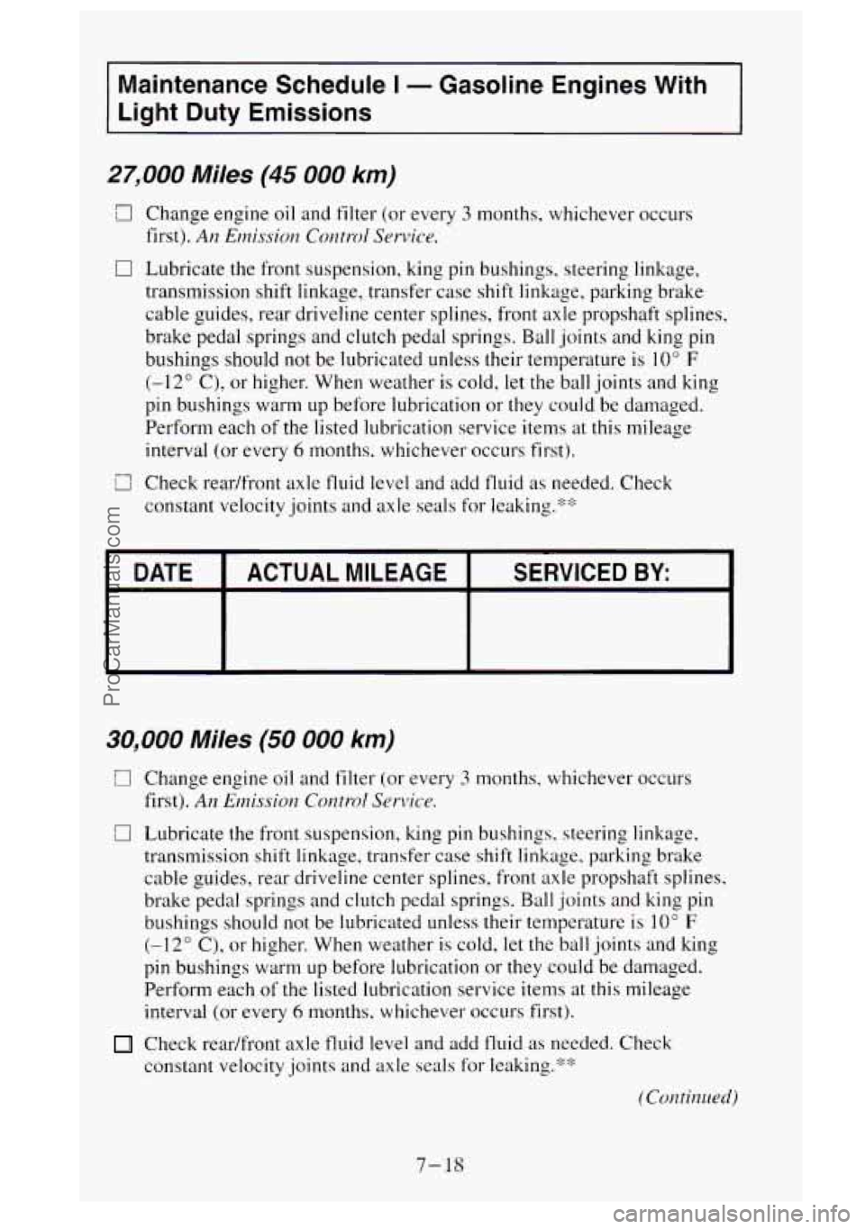 GMC SIERRA 1995  Owners Manual Maintenance  Schedule I - Gasoline Engines  With 
Light  Duty  Emissions 
27,000 Miles (45 000 km) 
a Change  engine  oil and  filter  (or  every 3 months. whichever  occurs 
first). 
Arz Enzissiorz C