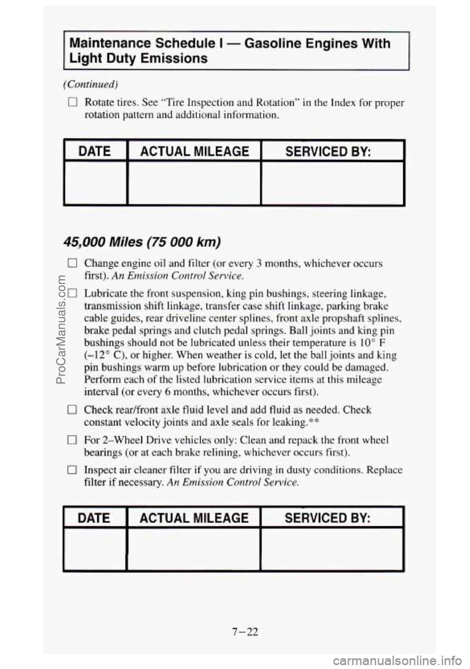 GMC SIERRA 1995  Owners Manual Maintenance  Schedule I - Gasoline  Engines  With 
Light 
Duty Emissions 
(Continued) 
0 Rotate  tires. See “Tire Inspection  and Rotation” in the Index  for  proper 
rotation  pattern  and additi