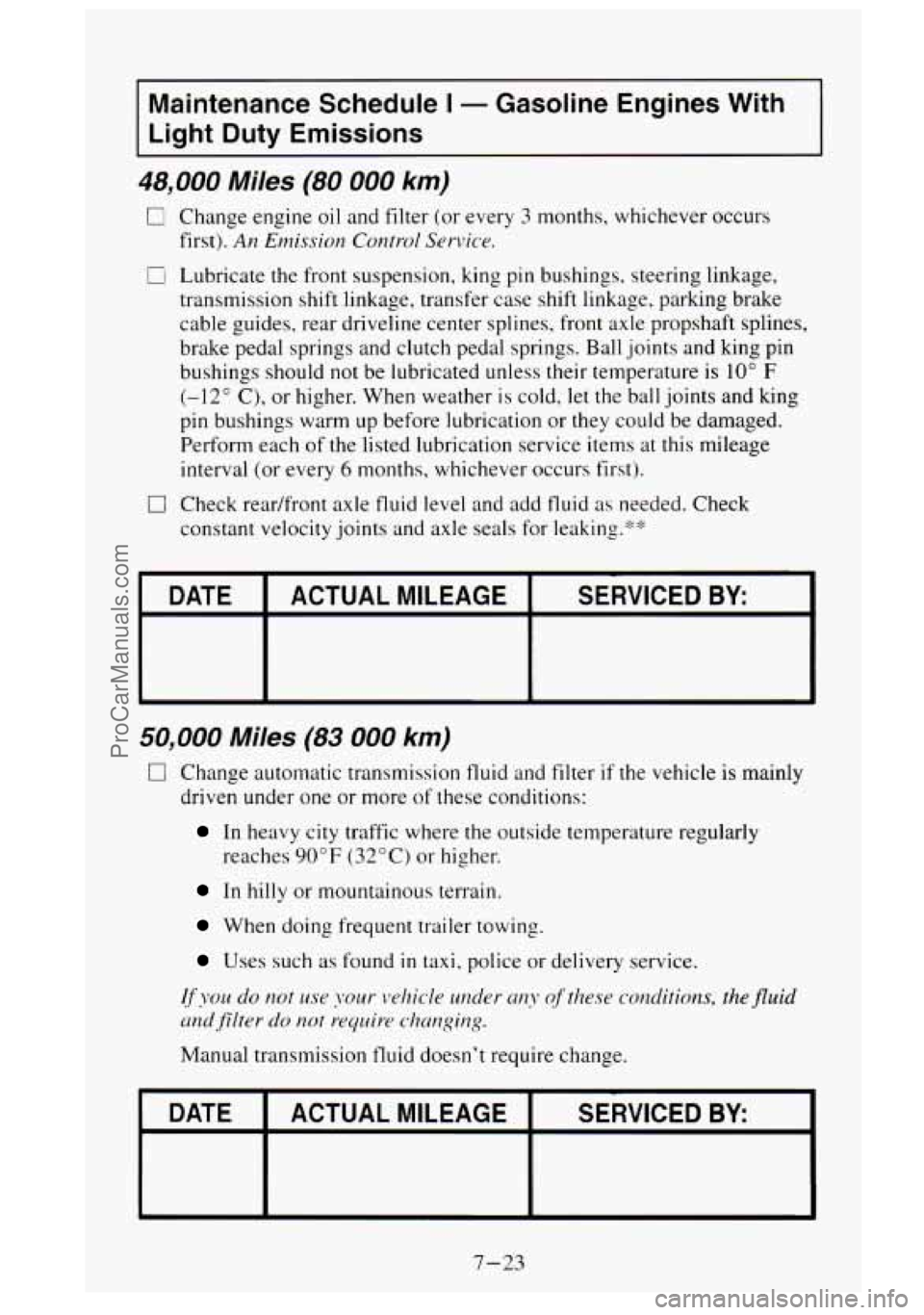 GMC SIERRA 1995  Owners Manual Maintenance Schedule I - Gasoline Engines With 
Light  Duty Emissions 
48,000 Miles (80 000 km) 
0 Change  engine  oil and filter (or every 3 months,  whichever  occurs 
first). 
An Emission  Control 