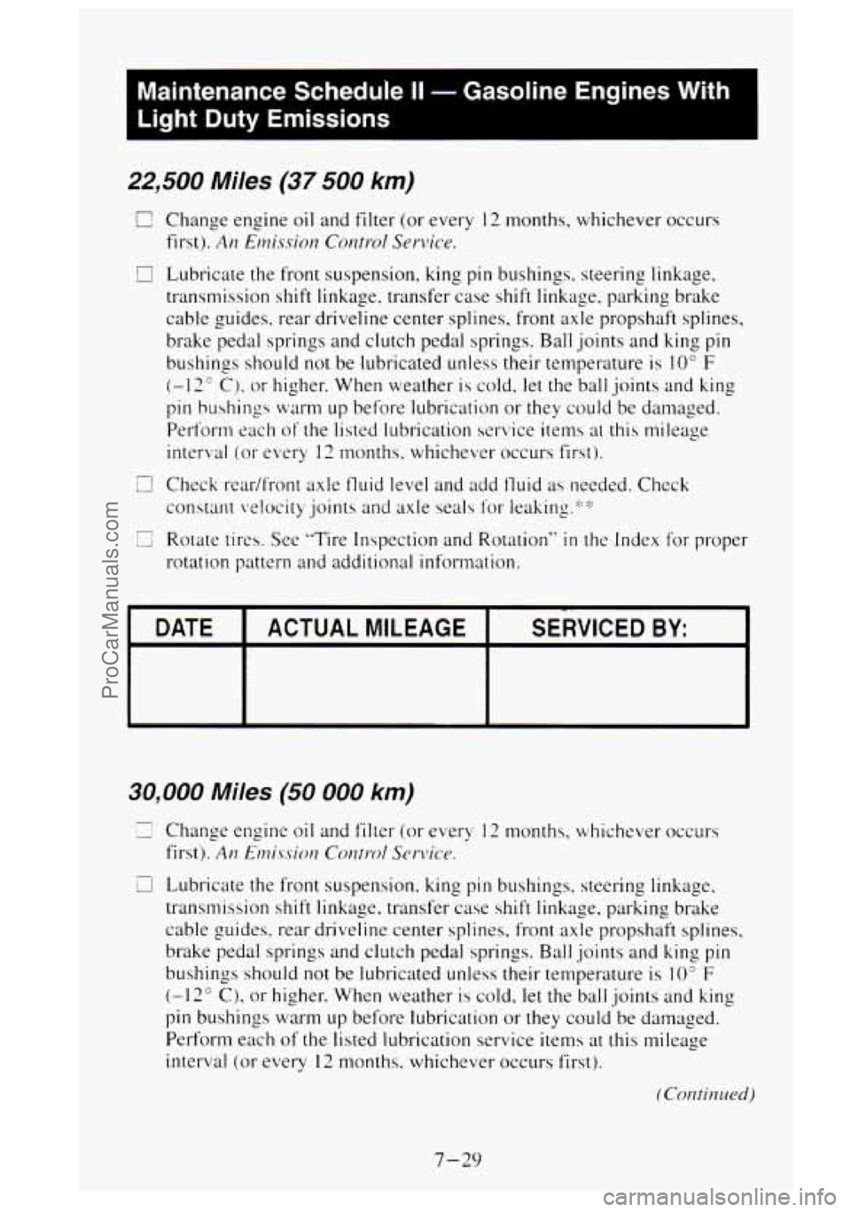 GMC SIERRA 1995  Owners Manual Maintenance  Schedule II - Gasoline  Engines  With 
Light  Duty  Emissions 
22,500 Miles (37 500 km) 
C Change  engine oil and filter  (or every 12 months.  whichever  occurs 
first). 
Ai? Emissio~ Co