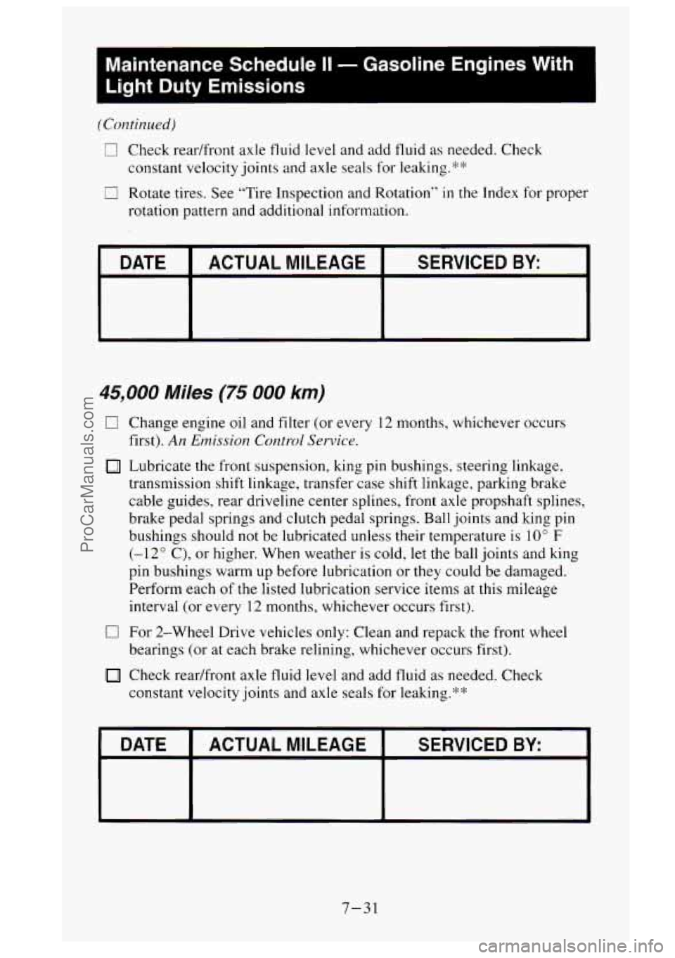 GMC SIERRA 1995  Owners Manual Maintenance Schedule II - Gasoline  Engines  With 
Light  Duty  Emissions 
(Continued) 
U Check  rear/front  axle fluid  level  and  add fluid as needed. Check 
constant  velocity joints and axle  sea