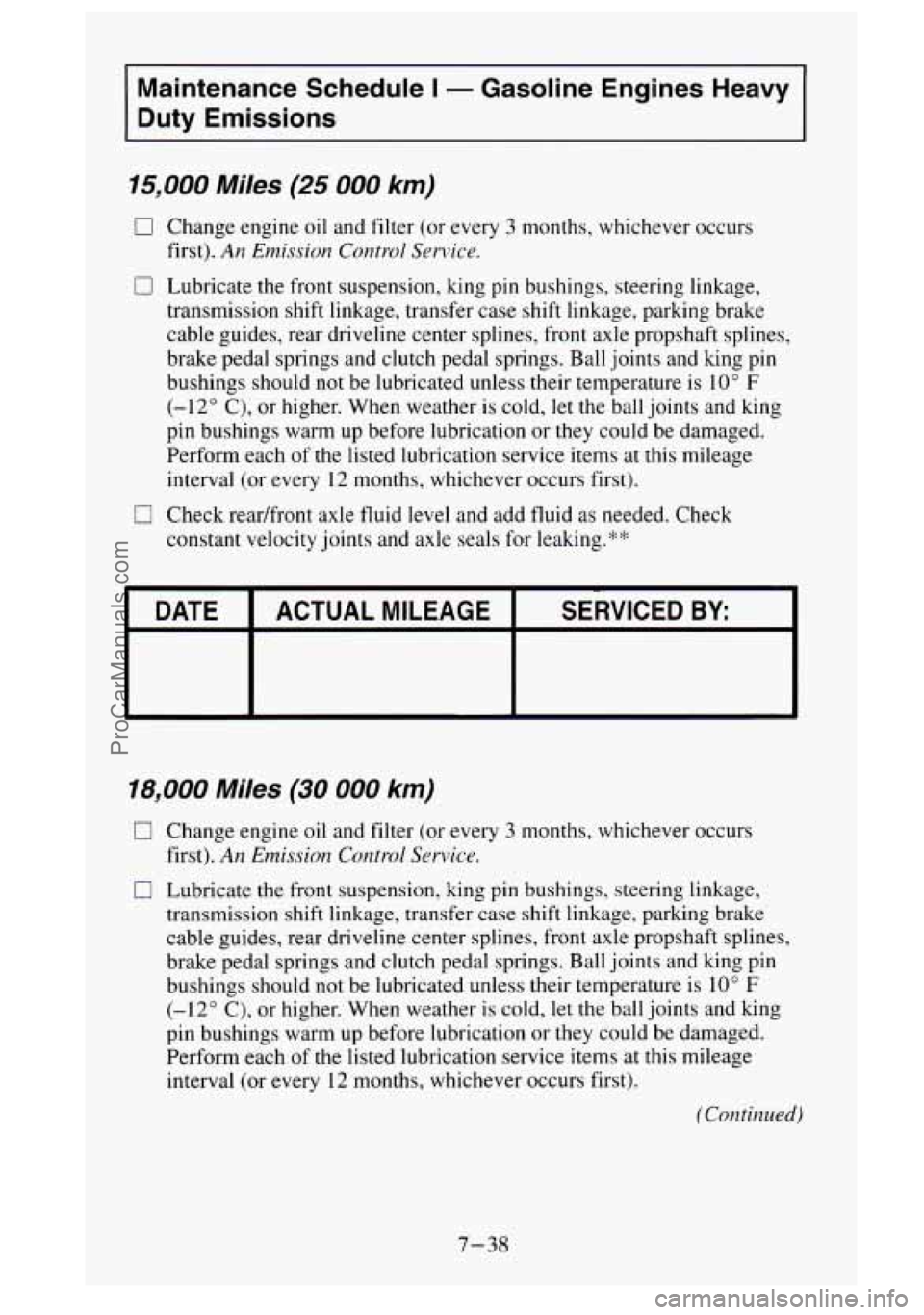 GMC SIERRA 1995  Owners Manual Maintenance  Schedule I - Gasoline  Engines  Heavy 
Duty Emissions 
15,000 Miles (25 000 km) 
0 Change  engine oil and filter (or every 3 months, whichever occurs 
first). 
An Emission  Control Servic