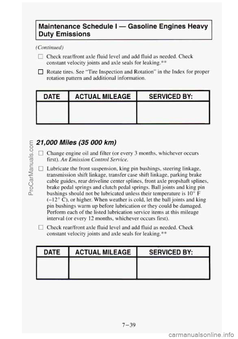 GMC SIERRA 1995  Owners Manual Maintenance Schedule I - Gasoline  Engines  Heavy 
Duty Emissions 
0 Check  readfront  axle  fluid level and add fluid as needed. Check 
constant  velocity joints and axle  seals  for leaking.‘+:+ 
