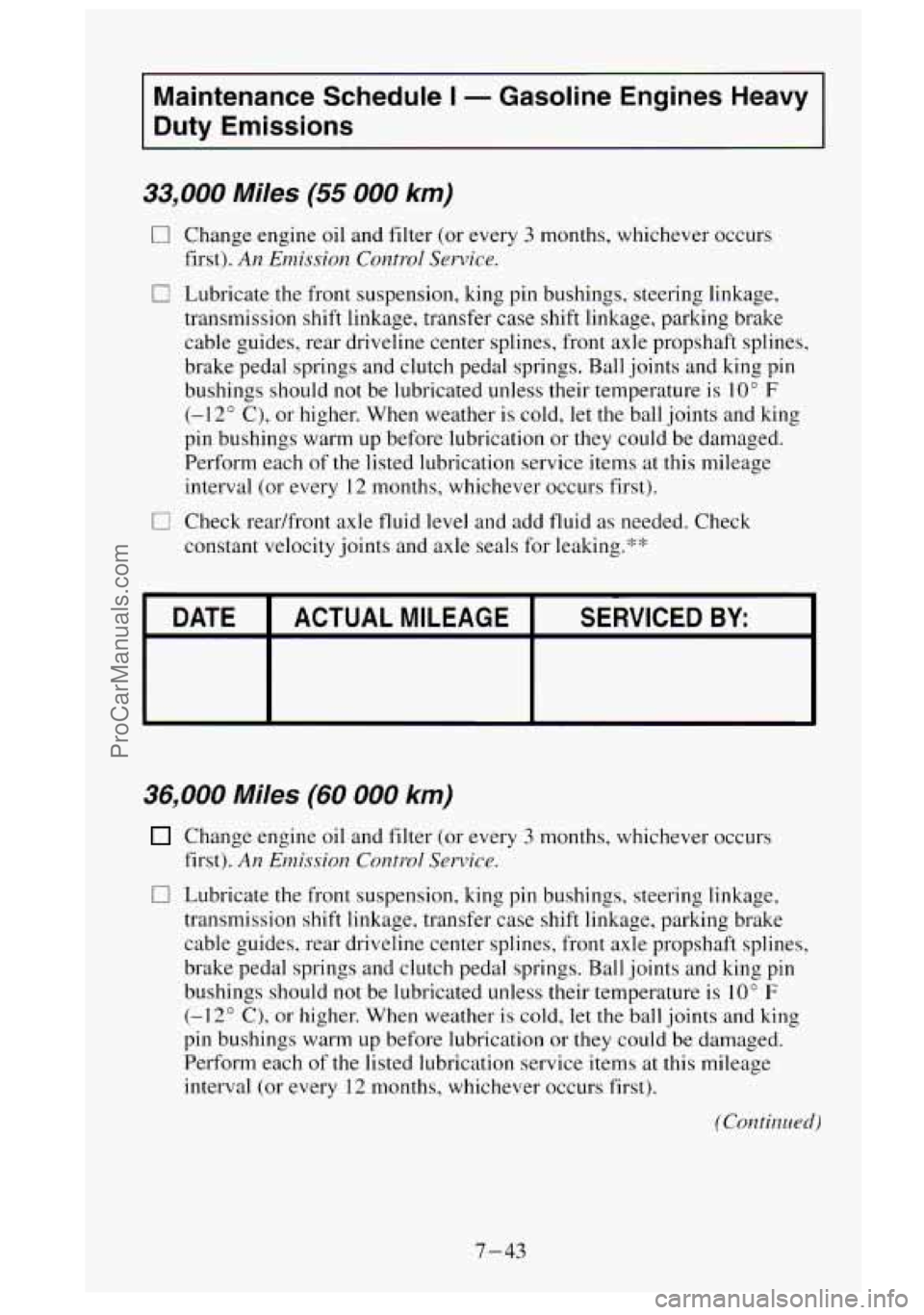 GMC SIERRA 1995  Owners Manual Maintenance Schedule I - Gasoline  Engines  Heavy 
Duty  Emissions 
33,000 Miles (55 000 km) 
0 Change  engine  oil  and filter (or every 3 months,  whichever occurs 
first). 
An Emission Control Serv