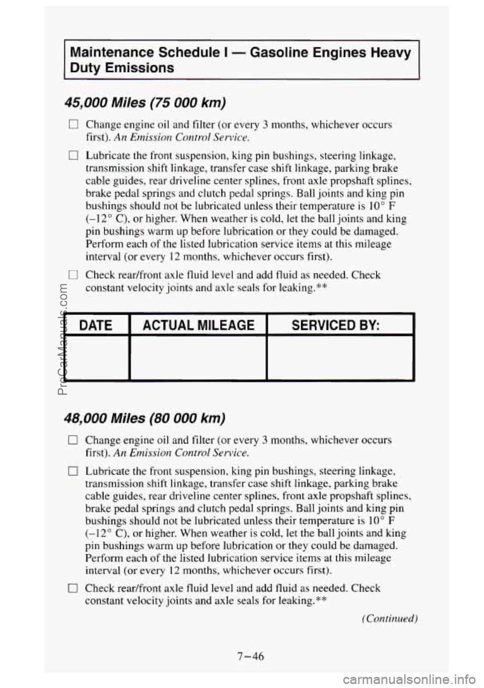 GMC SIERRA 1995  Owners Manual Maintenance  Schedule I - Gasoline  Engines  Heavy 
Duty Emissions 
45,000 Miles (75 000 km) 
0 Change  engine oil and filter  (or  every 3 months, whichever occurs 
first). 
An Emission Control Servi