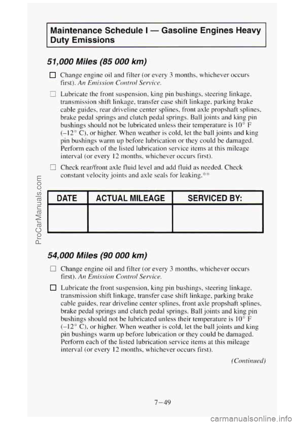GMC SIERRA 1995  Owners Manual Maintenance  Schedule I - Gasoline  Engines  Heavy 
Duty  Emissions 
51,000 Miles (85 000 km) 
Change  engine  oil and  filter  (or  every 3 months, whichever  occurs 
first). 
AI? Emission Cor.1trol 