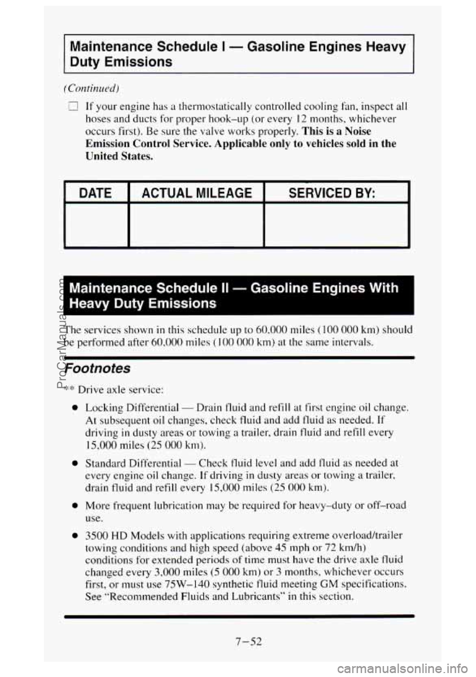 GMC SIERRA 1995  Owners Manual Maintenance  Schedule I - Gasoline  Engines  Heavy 
Duty Emissions 
(Continued) 
L! If your  engine  has a thermostatically controlled cooling fan, inspect all 
hoses and ducts  for proper  hook-up  (
