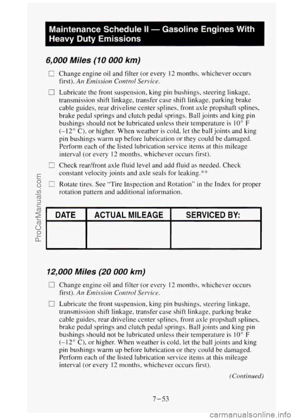 GMC SIERRA 1995  Owners Manual Maintenance  Schedule II - Gasoline  Engines  With 
Heavy  Duty  Emissions 
-- 
6,000 Miles (IO 000 km) 
C Change  engine  oil and  filter  (or  every 12 months.  whichever  occurs 
first). 
Arz Erzzi