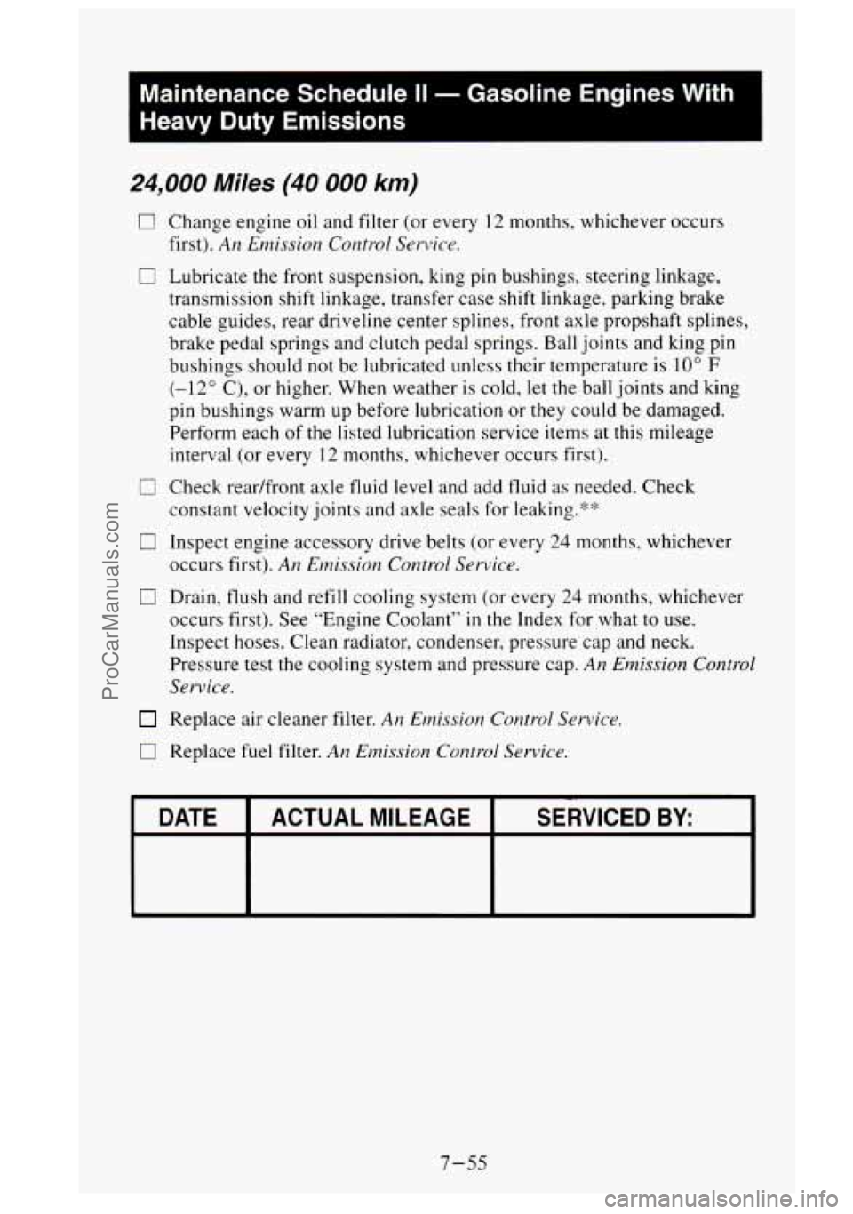 GMC SIERRA 1995  Owners Manual Maintenance Schedule II - Gasoline Engines  With 
Heavy  Duty  Emissions 
24,000 Miles (40 000 km) 
0 
Change  engine  oil and filter (or every 12 months, whichever  occurs 
first). 
AI? Emission  Con