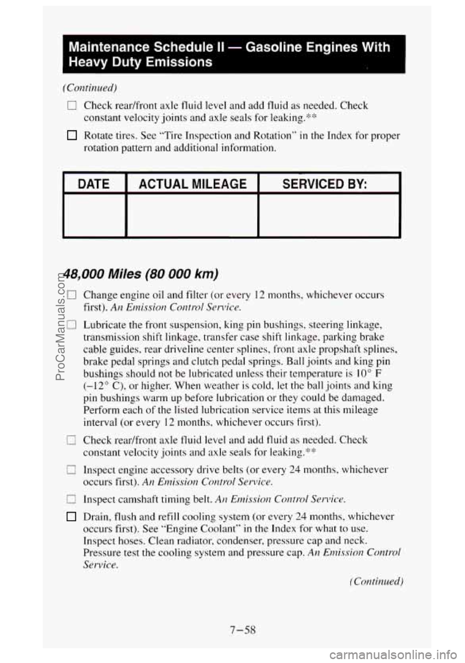GMC SIERRA 1995  Owners Manual Maintenance Schedulell - Gasoline  Engines  With 
Heavy  Duty  Emissions 
(Continued) rn 
0 Check  readfront  axle  fluid  level and add fluid as needed. Check 
constant  velocity joints and axle  sea