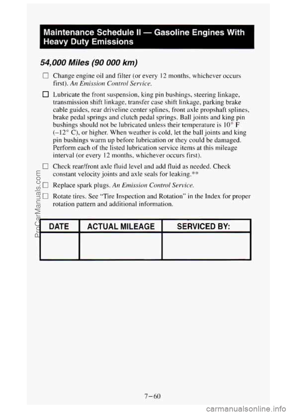 GMC SIERRA 1995  Owners Manual I 
Maintenance  Schedule II - Gasoline  Engines With 
Heavy Duty Emissions 
54,000 Miles (90 000 km) 
0 Change engine oil and filter  (or  every I2 months. whichever occurs 
first). 
An Elnissiou Cont
