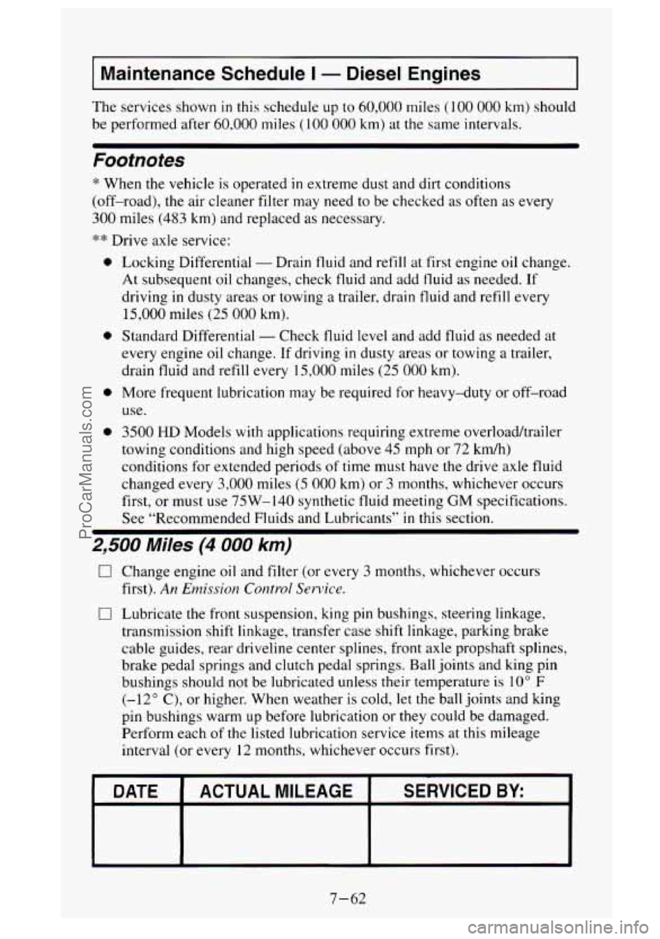 GMC SIERRA 1995  Owners Manual Maintenance  Schedule I - Diesel  Engines 
The  services shown in this schedule up to 60,000  miles (100 000 km) should 
be  performed  after 
60,000 miles  (100 000 km) at  the  same intervals. 
Foot