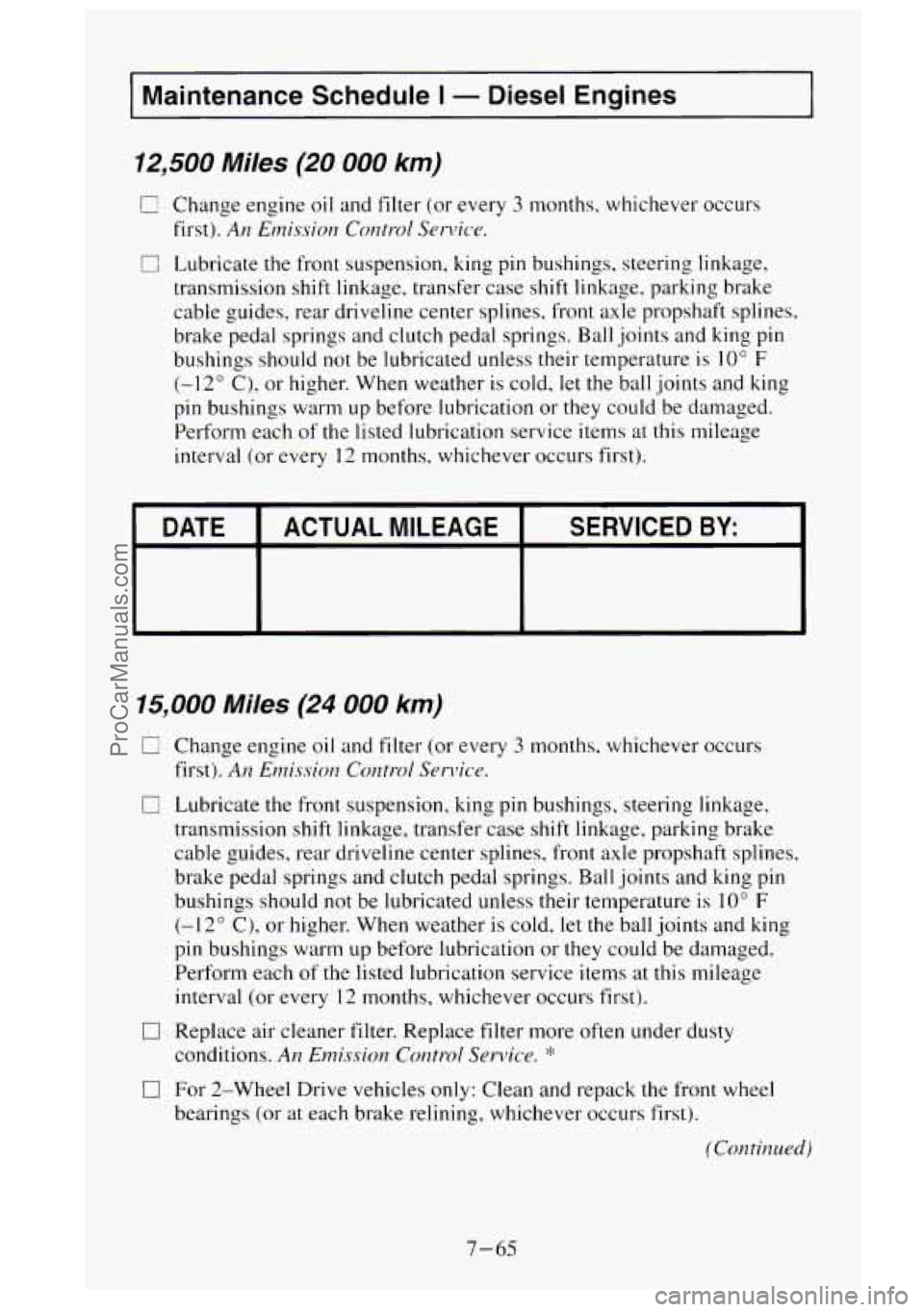 GMC SIERRA 1995  Owners Manual Maintenance Schedule I - Diesel Engines - 
12,500 Miles (20 000 km) 
Change  engine oil and filter (or every 3 months, whichever  occurs 
first). 
An Emission Control Service. 
Il Lubricate the front 
