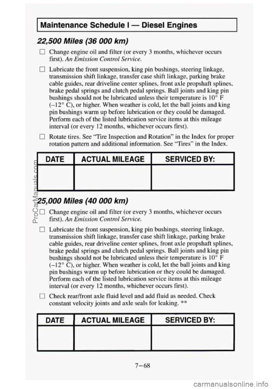 GMC SIERRA 1995  Owners Manual Maintenance  Schedule I - Diesel  Engines 
22,500 Miles (36 000 km) 
0 Change  engine  oil  and  filter  (or  every 3 months,  whichever  occurs 
first). 
An Emission  Control  Service. 
0 Lubricate  