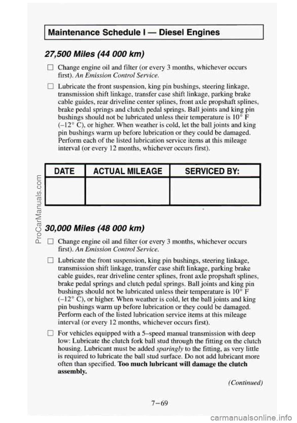 GMC SIERRA 1995  Owners Manual I Maintenance  Schedule I - Diesel  Engines I 
27,500 Miles (44 000 km) 
0 Change  engine  oil  and  filter  (or  every 3 months,  whichever  occurs 
0 Lubricate  the  front  suspension,  king  pin  b
