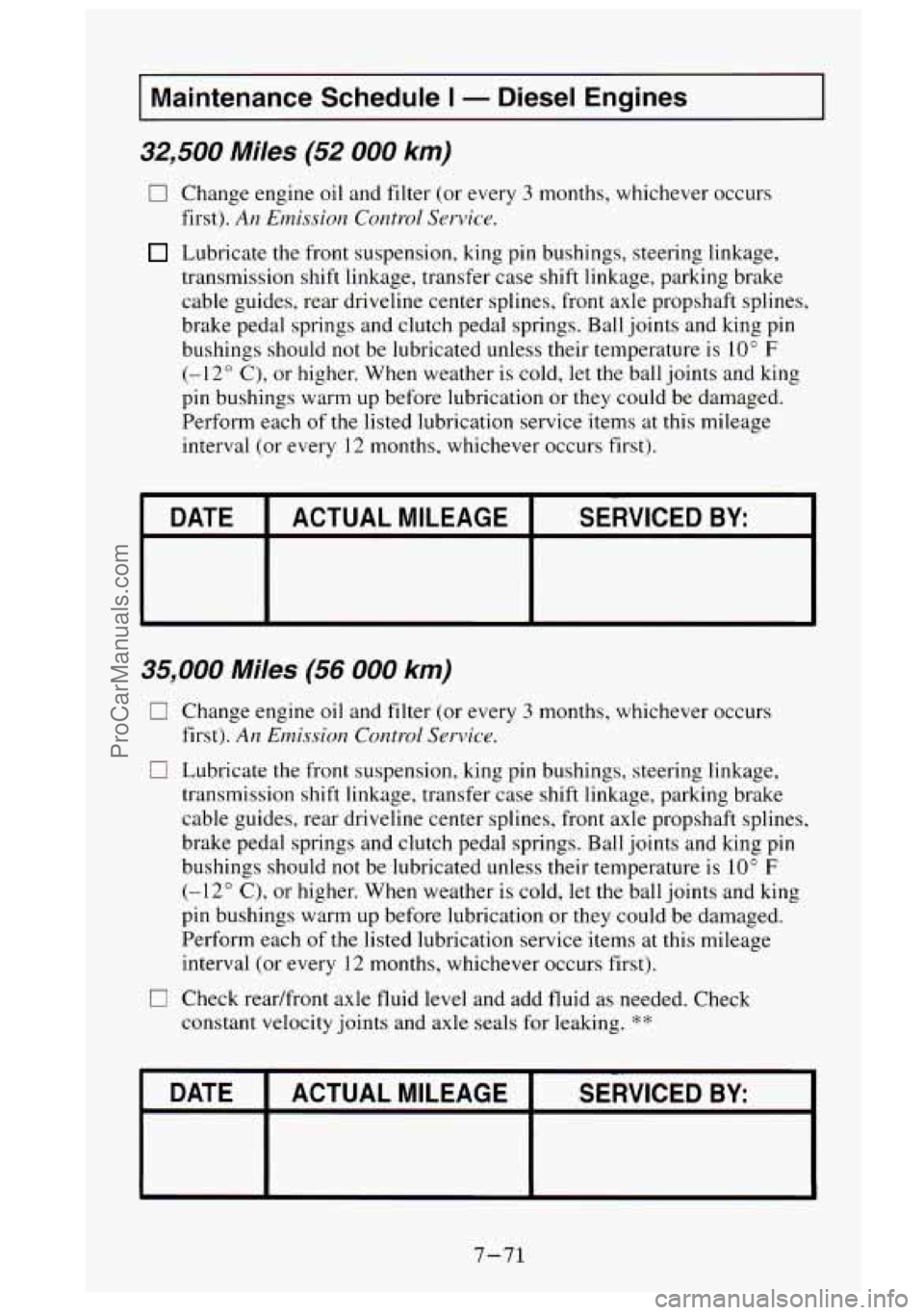 GMC SIERRA 1995  Owners Manual I Maintenance  Schedule I - Diesel  Engines I 
32,500  Miles (52 000 km) 
0 Change  engine  oil and filter  (or  every 3 months, whichever  occurs 
first). 
An Emission  Control  Service. 
Lubricate  