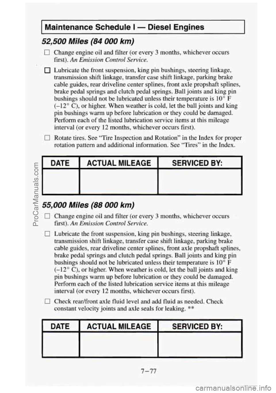 GMC SIERRA 1995  Owners Manual I Maintenance  Schedule I - Diesel  Engines I 
52,500 Miles (84 000 km) 
0 
0 
Change  engine  oil  and  filter  (or  every 3 months,  whichever  occurs 
first). 
An Emission Control Service. 
Lubrica