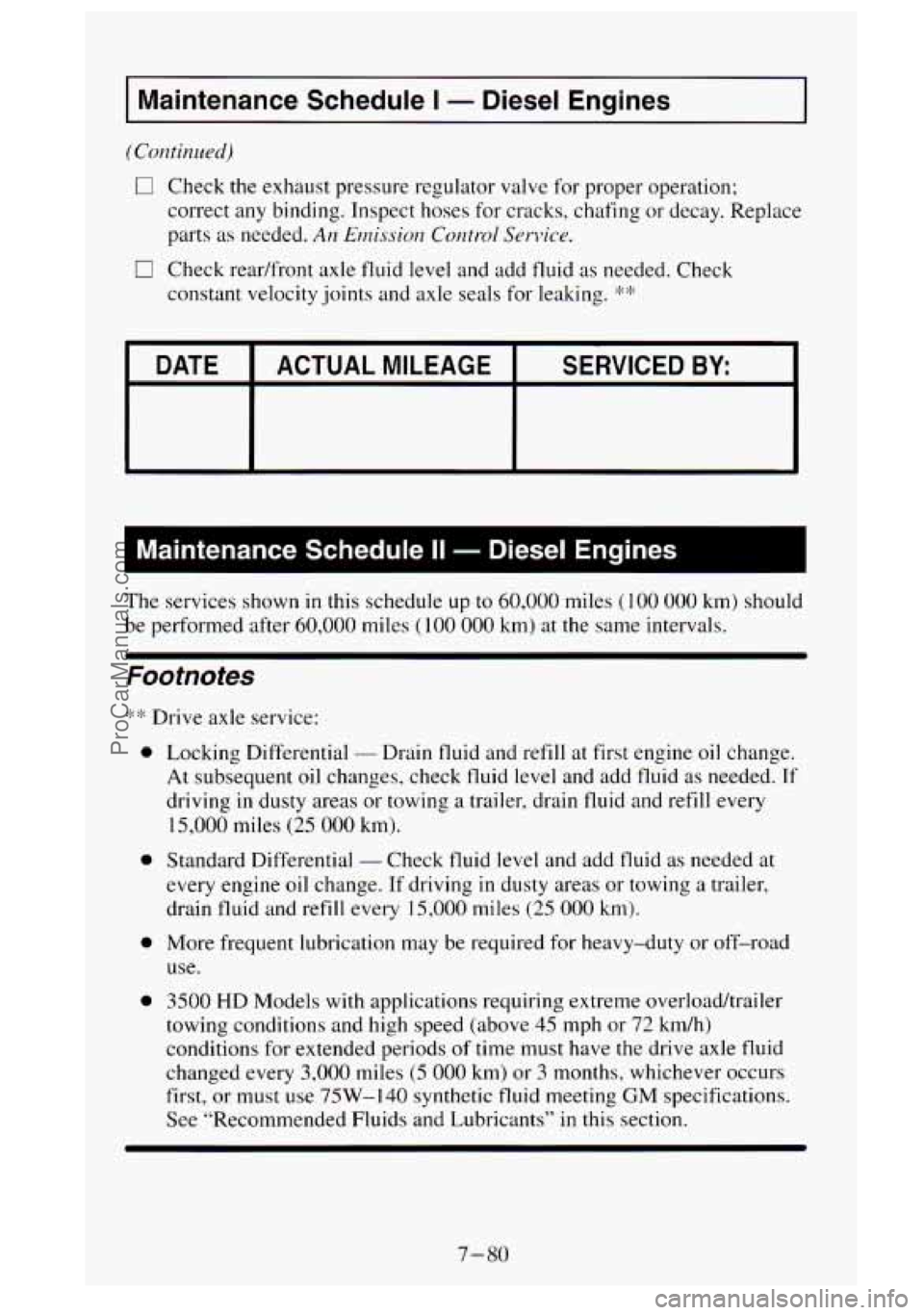 GMC SIERRA 1995  Owners Manual I Maintenance  Schedule I - Diesel Engines I 
0 Check the exhaust pressure  regulator  valve for proper operation; 
correct  any binding.  Inspect  hoses  for  cracks,  chafing or decay.  Replace 
par