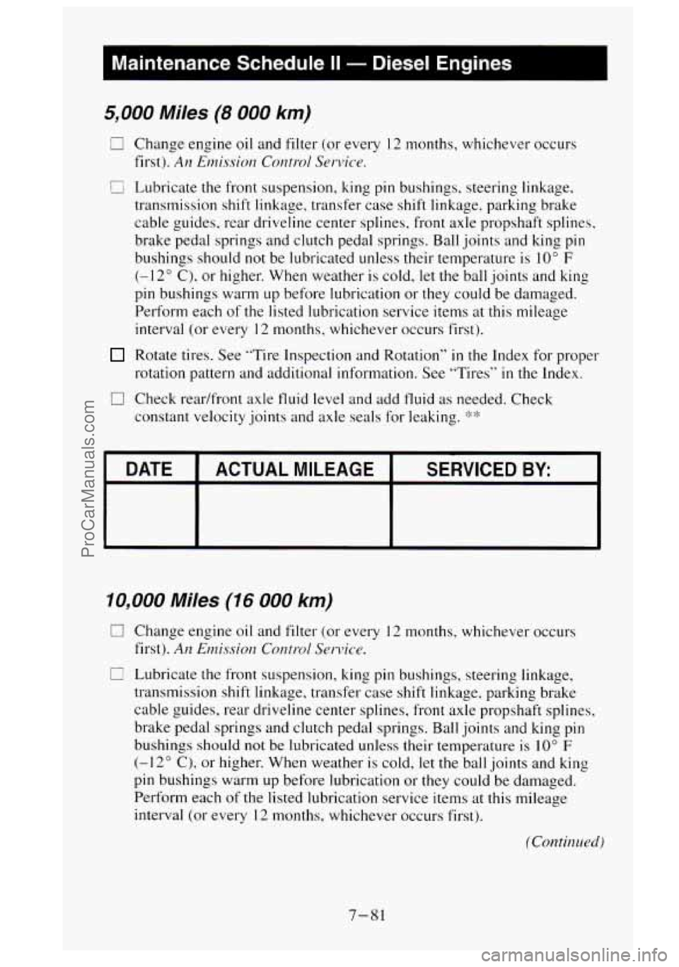 GMC SIERRA 1995  Owners Manual Maintenance Schedule II - Diesel  Engines 
5,000 Miles (8 000 km) 
3 Change  engine oil  and filter (or every 12 months, whichever  occurs 
first). 
An Ernissior?  Control Senlice. 
G Lubricate  the f