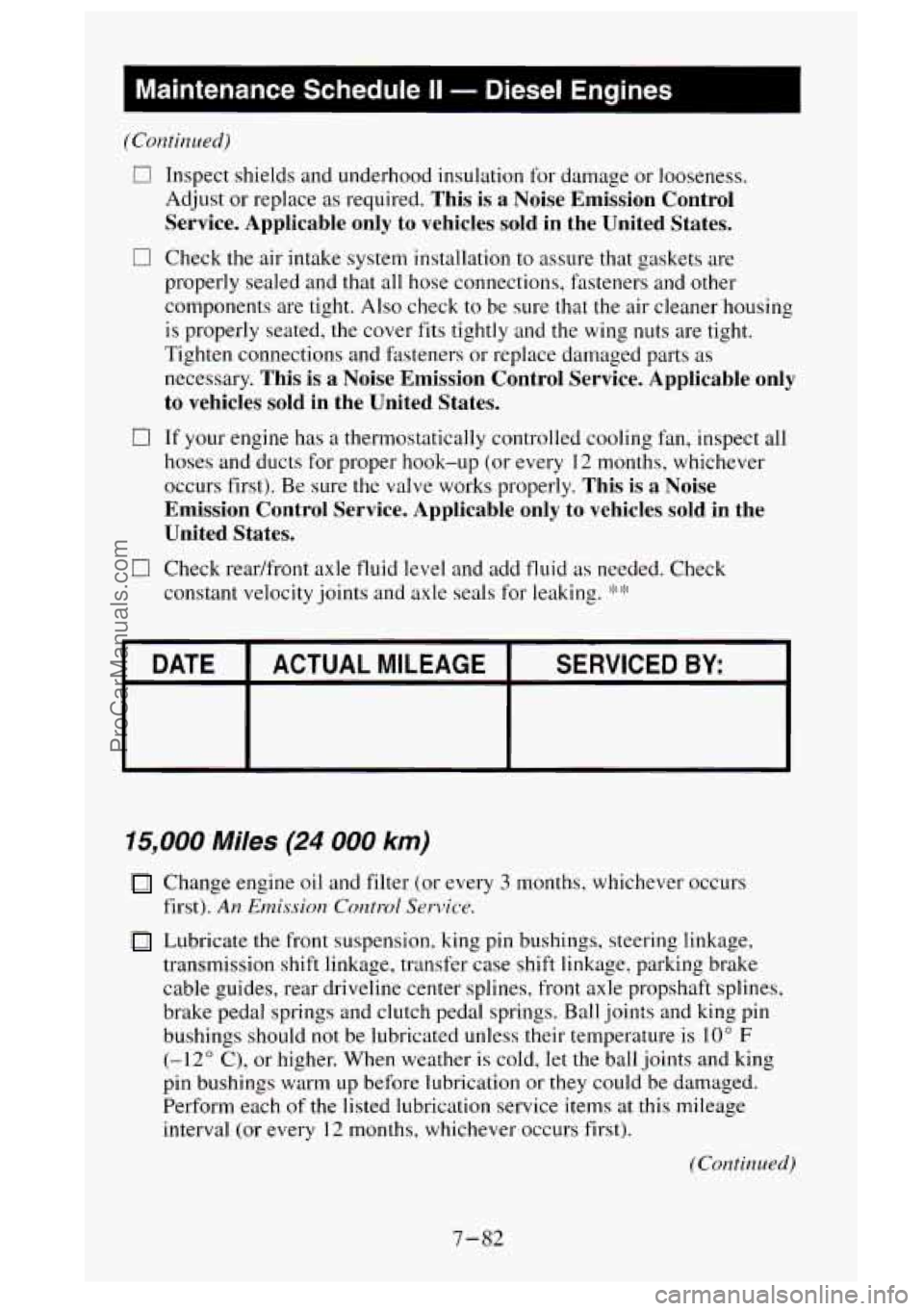 GMC SIERRA 1995  Owners Manual I Maintenance  Schedule II - Diesel  Engines 
(Continued) 
0 Inspect shields and underhood insulation for  damage  or looseness. 
Adjust  or replace 
as required. This  is  a  Noise  Emission  Control