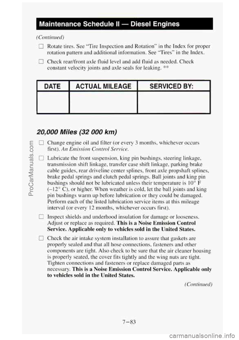 GMC SIERRA 1995  Owners Manual (COIZ~~IIL~PCJ) 
0 Rotate tires.  See  "Tire Inspection  and Rotation" in the Index for proper 
rotation pattern  and additional  information.  See  "Tires" 
in the Index. 
0 Check  readfront  axle  f