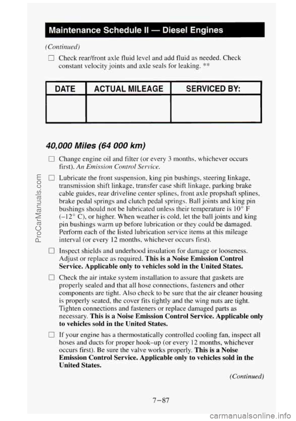 GMC SIERRA 1995  Owners Manual I Maintenance Schedule II - Diesel Engines I 
(Continued) 
0 Check  readfront  axle  fluid level and add fluid as needed. Check 
constant  velocity joints and axle  seals  for  leaking. 
*% 
I DATE I