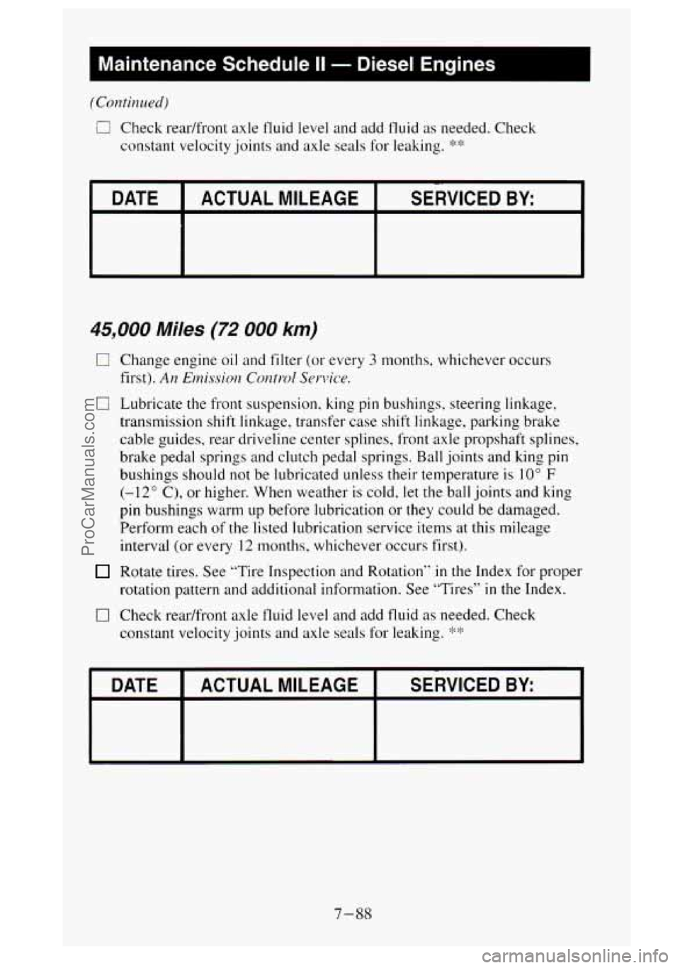 GMC SIERRA 1995  Owners Manual I Maintenance  Schedule II - Diesel  Engines 
( Con t in ~t ed) 
0 Check  readfront axle fluid level and  add fluid as needed. Check 
constant  velocity  joints and axle  seals  for leaking. 
** 
I DA