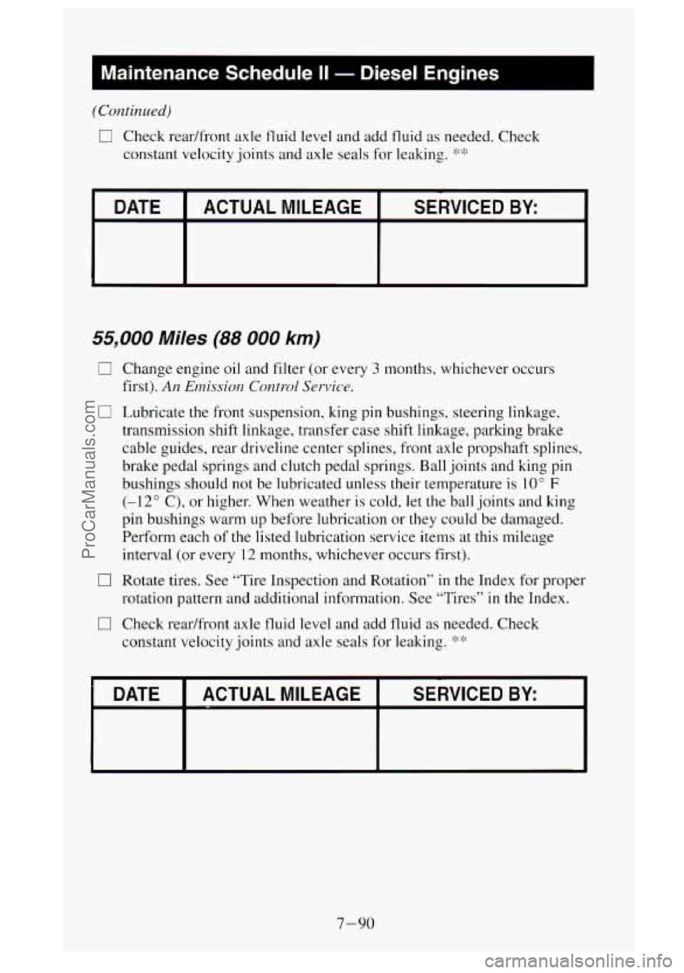 GMC SIERRA 1995  Owners Manual Maintenance  Schedule II - Diesel  Engines I- 
(Continued) 
0 Check rear/fi-ont  axle fluid  level  and  add  fluid as needed. Check 
constant velocity  joints and axle seals for leaking. 
‘!”:’