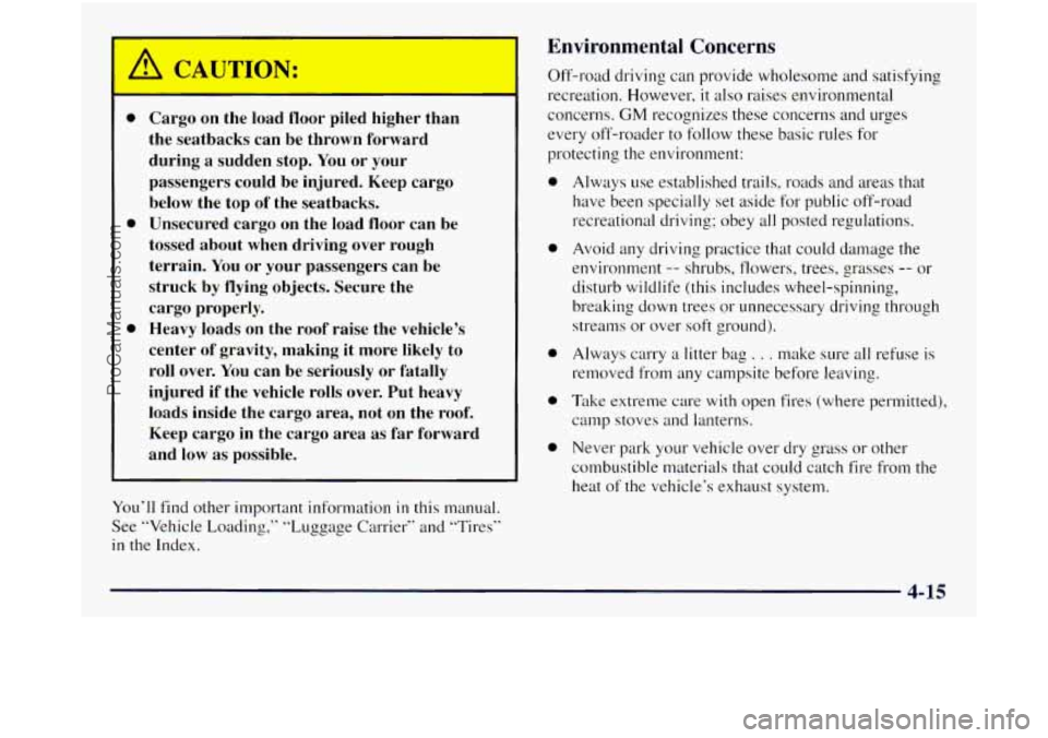 GMC SIERRA 1998  Owners Manual Environmental Concerns 
0 
0 
0 
Cargo  on  the  load  floor  piled  higher man 
the  seatbacks  can  be  thrown  forward during  a  sudden  stop.  You or 
your 
passengers  could  be  injured.  Keep 
